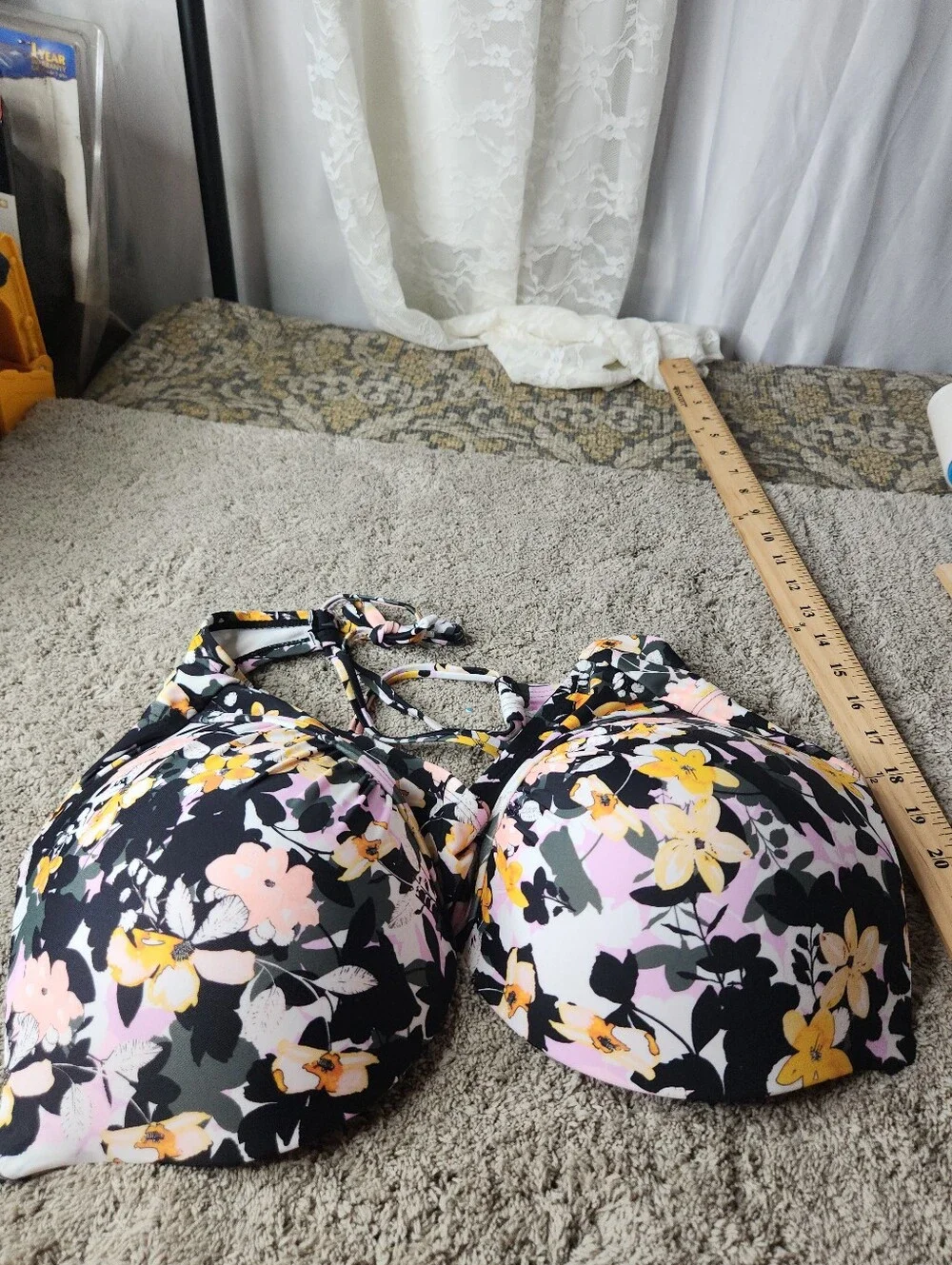 Floral V-Neck Crop Swim Top in Black and Yellow - Women Tops - Decree - 0X